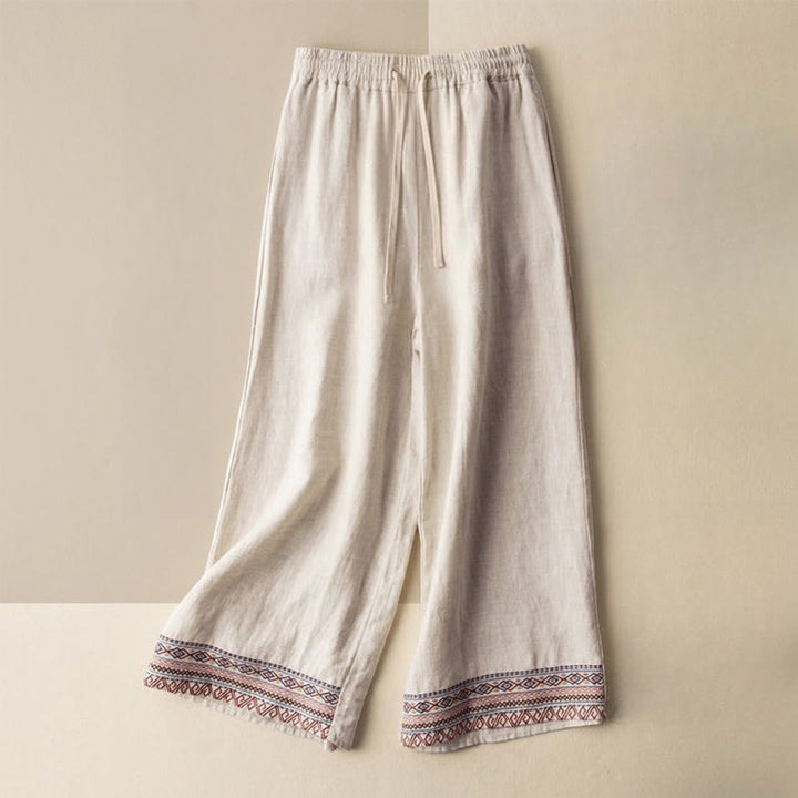 Pantalones de mujer de pierna ancha con cordón ajustable y bolsillos, con bordado informal de Buddha Stones y estilo bohemio. - Beige - US12，UK/AU16，EU44 (XL) - image 0