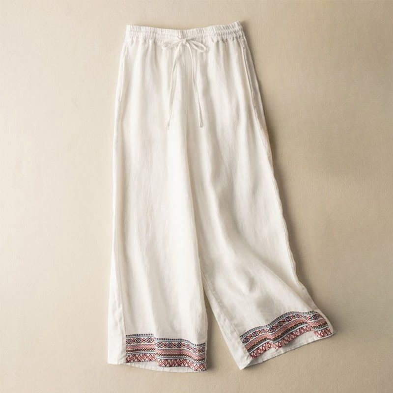 Pantalones de mujer de pierna ancha con cordón ajustable y bolsillos, con bordado informal de Buddha Stones y estilo bohemio. - Old Lace - US12，UK/AU16，EU44 (XL) - image 10