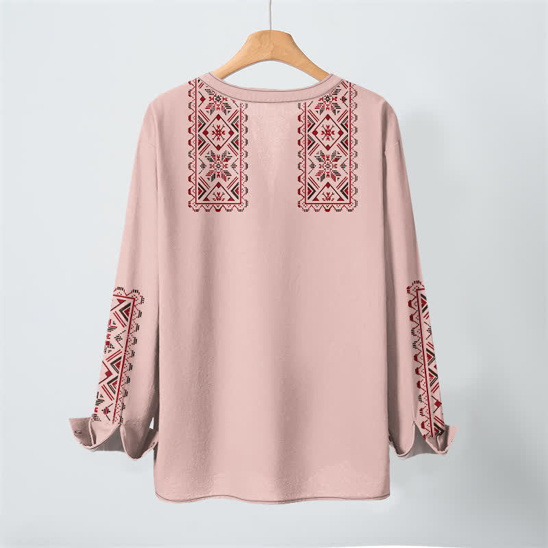Buddha Stones Camisas de manga larga para hombre de algodón con cuello en V y estampado geométrico tribal. - image 3