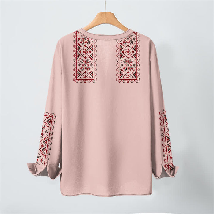 Buddha Stones Camisas de manga larga para hombre de algodón con cuello en V y estampado geométrico tribal. - image 3