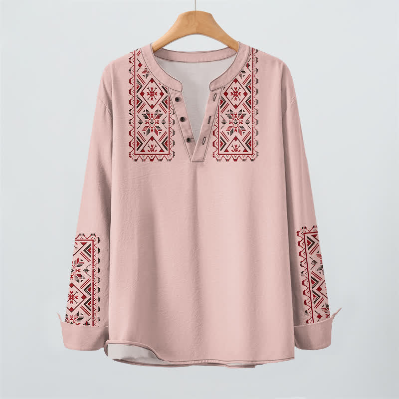 Buddha Stones Camisas de manga larga para hombre de algodón con cuello en V y estampado geométrico tribal. - image 2