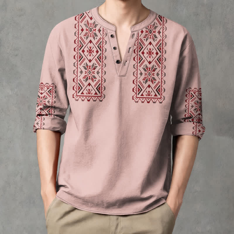Buddha Stones Camisas de manga larga para hombre de algodón con cuello en V y estampado geométrico tribal. - image 1
