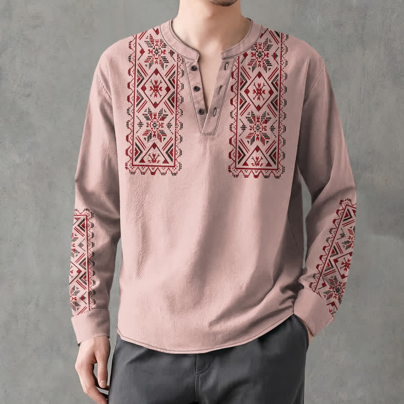 Buddha Stones Camisas de manga larga para hombre de algodón con cuello en V y estampado geométrico tribal. - rosa claro - US/UK/AU48, UE58 (4XL) - image 0