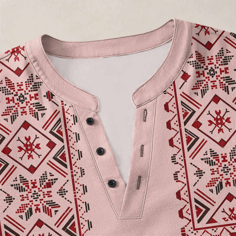 Buddha Stones Camisas de manga larga para hombre de algodón con cuello en V y estampado geométrico tribal. - image 4