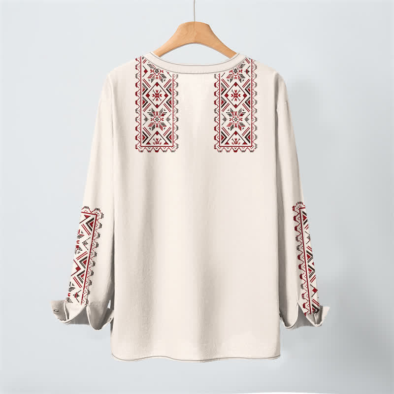 Buddha Stones Camisas de manga larga para hombre de algodón con cuello en V y estampado geométrico tribal. - image 10