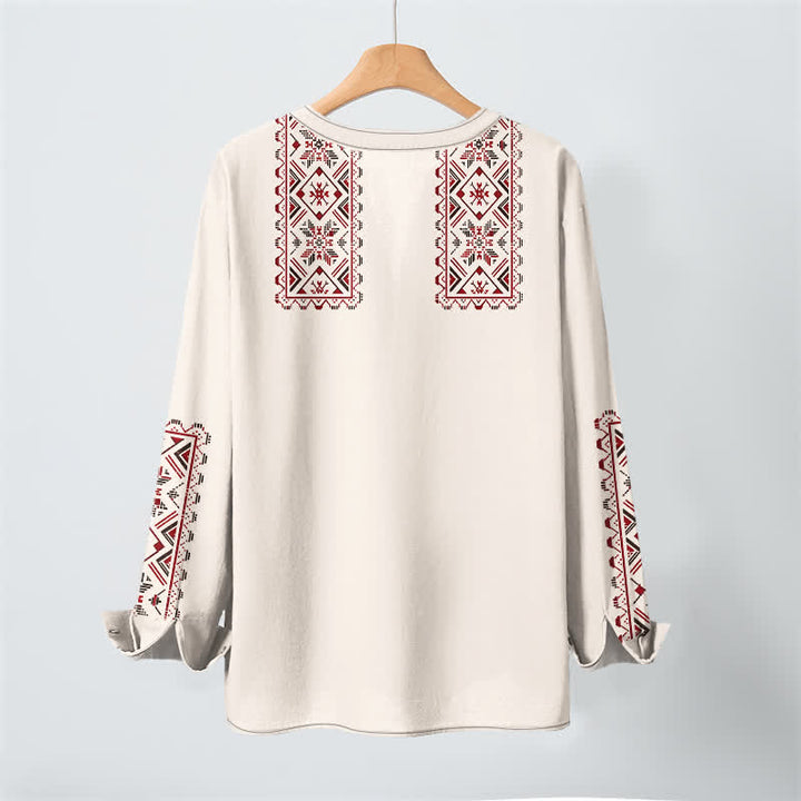 Buddha Stones Camisas de manga larga para hombre de algodón con cuello en V y estampado geométrico tribal. - image 10