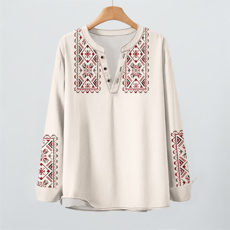 Buddha Stones Camisas de manga larga para hombre de algodón con cuello en V y estampado geométrico tribal. - image 9