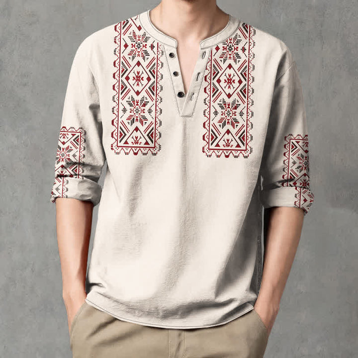 Buddha Stones Camisas de manga larga para hombre de algodón con cuello en V y estampado geométrico tribal. - image 8