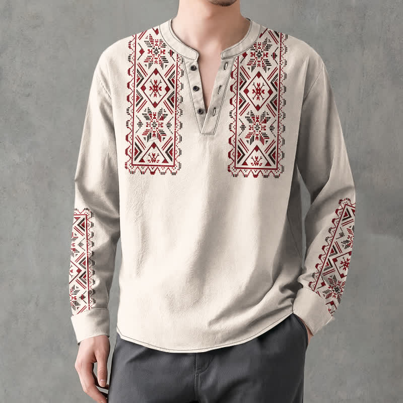 Buddha Stones Camisas de manga larga para hombre de algodón con cuello en V y estampado geométrico tribal. - Lino - US/UK/AU48, UE58 (4XL) - image 7