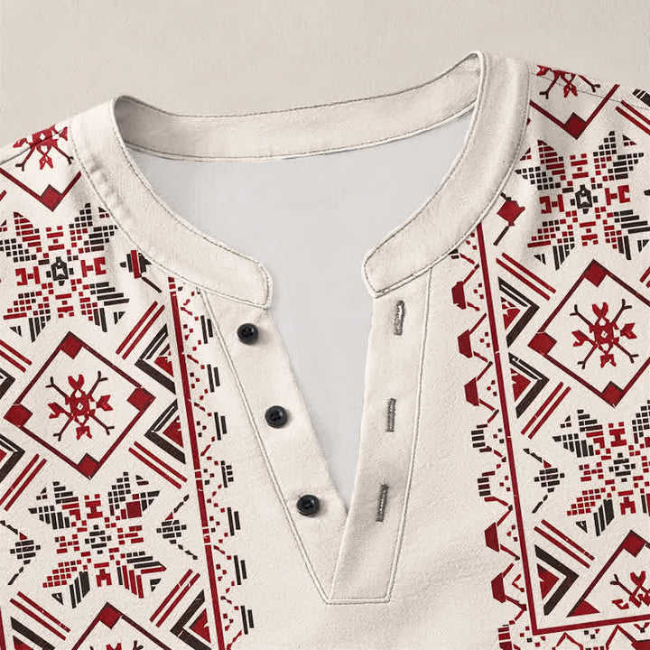 Buddha Stones Camisas de manga larga para hombre de algodón con cuello en V y estampado geométrico tribal. - image 11