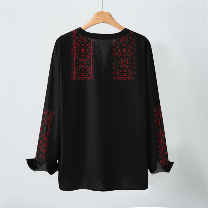 Buddha Stones Camisas de manga larga para hombre de algodón con cuello en V y estampado geométrico tribal. - image 17