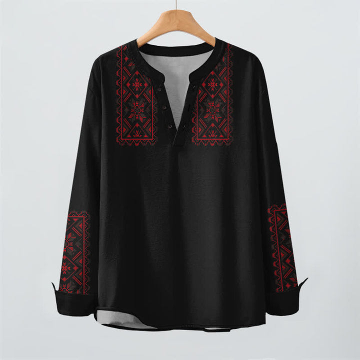 Buddha Stones Camisas de manga larga para hombre de algodón con cuello en V y estampado geométrico tribal. - image 16