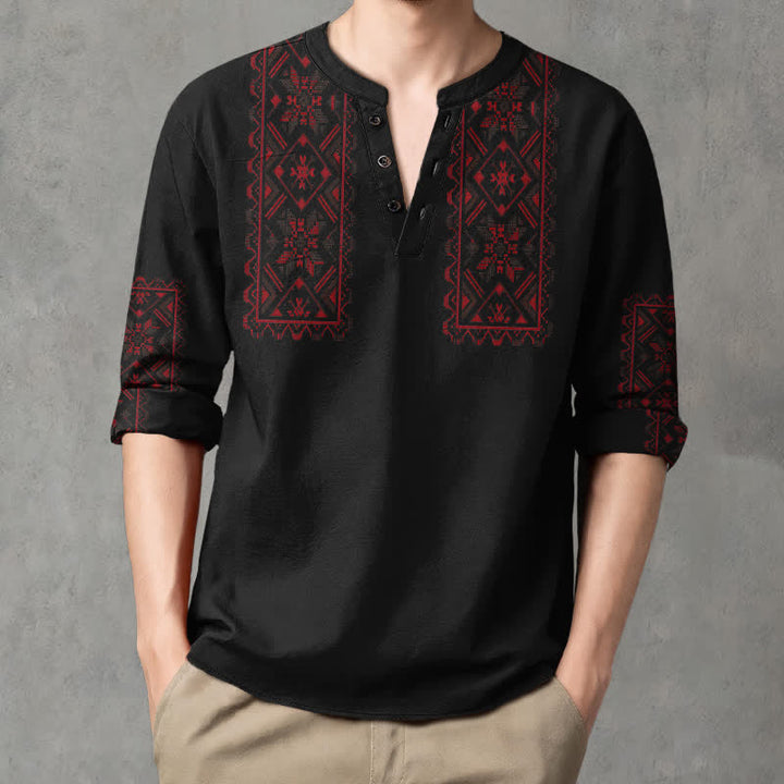 Buddha Stones Camisas de manga larga para hombre de algodón con cuello en V y estampado geométrico tribal. - image 15