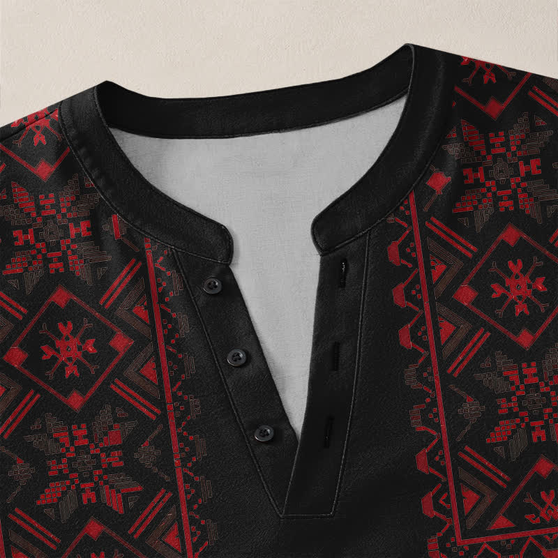 Buddha Stones Camisas de manga larga para hombre de algodón con cuello en V y estampado geométrico tribal. - image 18