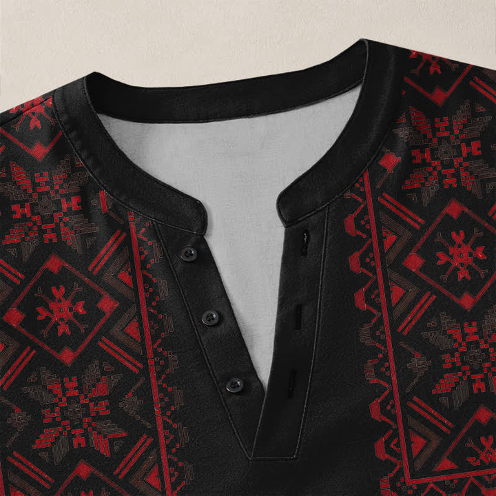 Buddha Stones Camisas de manga larga para hombre de algodón con cuello en V y estampado geométrico tribal. - image 18