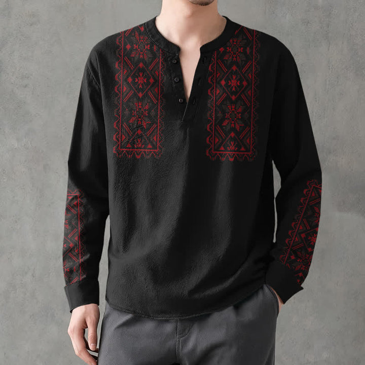 Buddha Stones Camisas de manga larga para hombre de algodón con cuello en V y estampado geométrico tribal. - Negro - US/UK/AU48, UE58 (4XL) - image 14