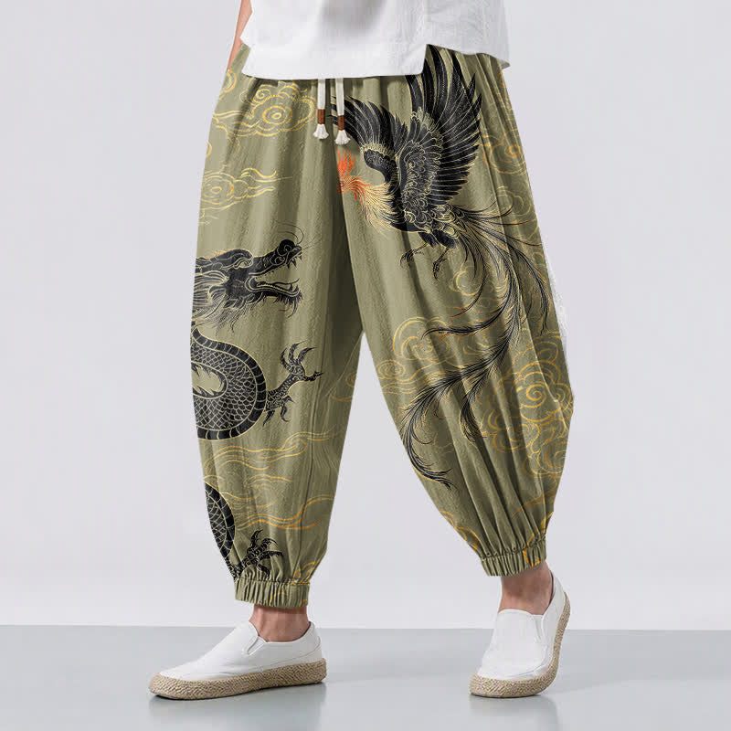 Buddha Stones Pantalones harem para hombre de algodón puro con estampado de dragón, fénix y nube, con cordón ajustable y bolsillos. - Aceituna - US/UK/AU50, EU60 (5XL) - image 0