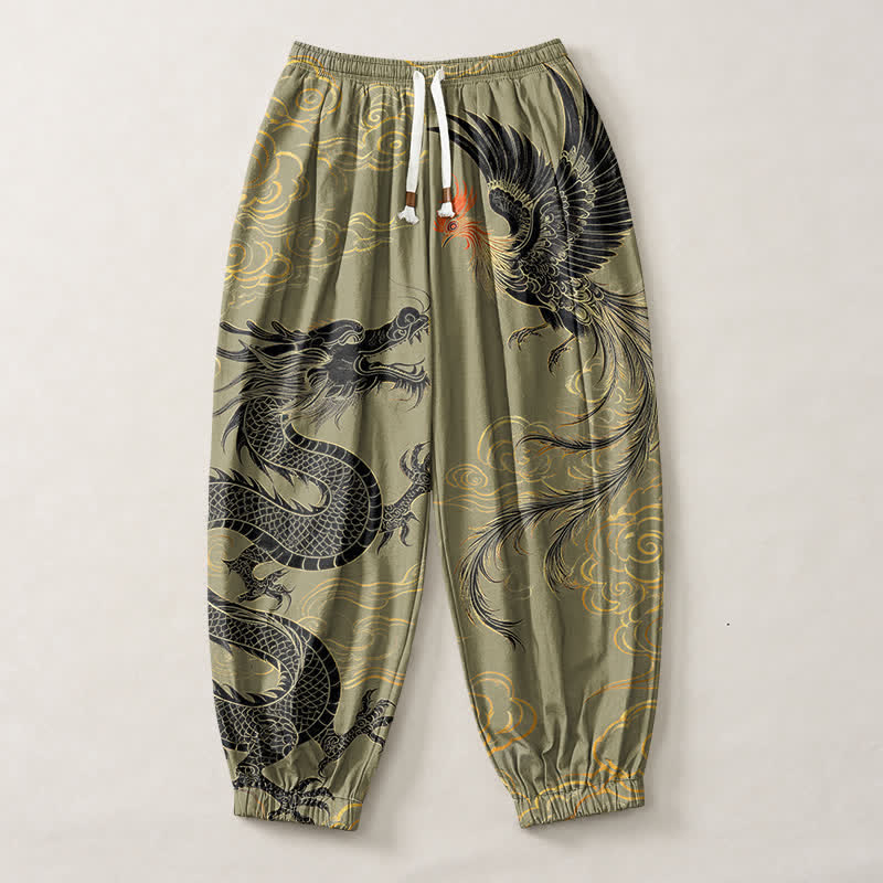 Buddha Stones Pantalones harem para hombre de algodón puro con estampado de dragón, fénix y nube, con cordón ajustable y bolsillos. - image 1