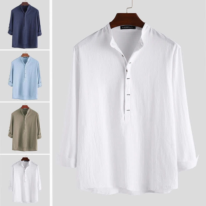 Camisa de manga larga de algodón para hombre con Buddha Stones, color liso y hasta medio botón. - image 1