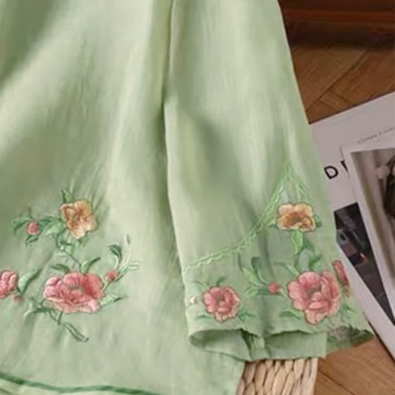 Camisa de lino y algodón para mujer, estilo casual, vintage, con bordado de flores y botones de rana china, cuello redondo - image 6