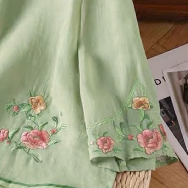 Camisa de lino y algodón para mujer, estilo casual, vintage, con bordado de flores y botones de rana china, cuello redondo - image 6