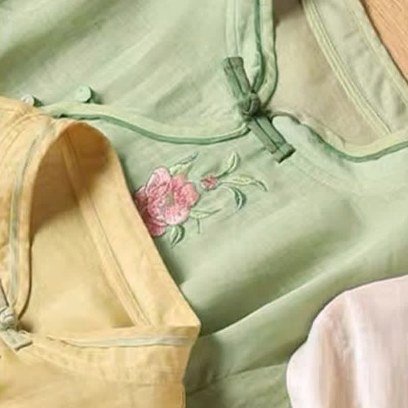 Camisa de lino y algodón para mujer, estilo casual, vintage, con bordado de flores y botones de rana china, cuello redondo - image 12