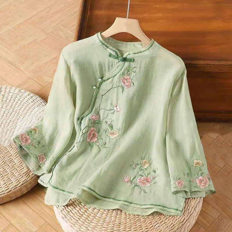 Camisa de lino y algodón para mujer, estilo casual, vintage, con bordado de flores y botones de rana china, cuello redondo - Verde claro - US12, UK/AU16, EU44 (3XL) - image 5