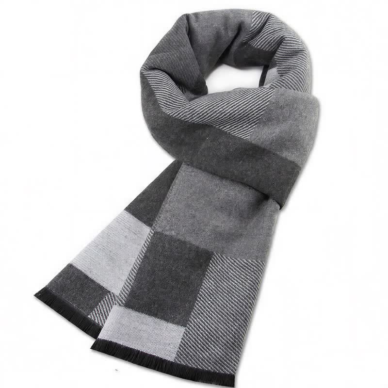 Bufanda rectangular acogedora para hombre con borlas y estampado clásico de cuadros de Buddha Stones para otoño e invierno. - Gris claro - image 12