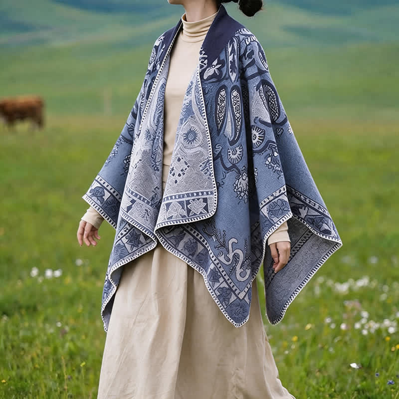 Buddha Stones Poncho estilo boho geométrico con capucha y estampado paisley para otoño/invierno. - image 5