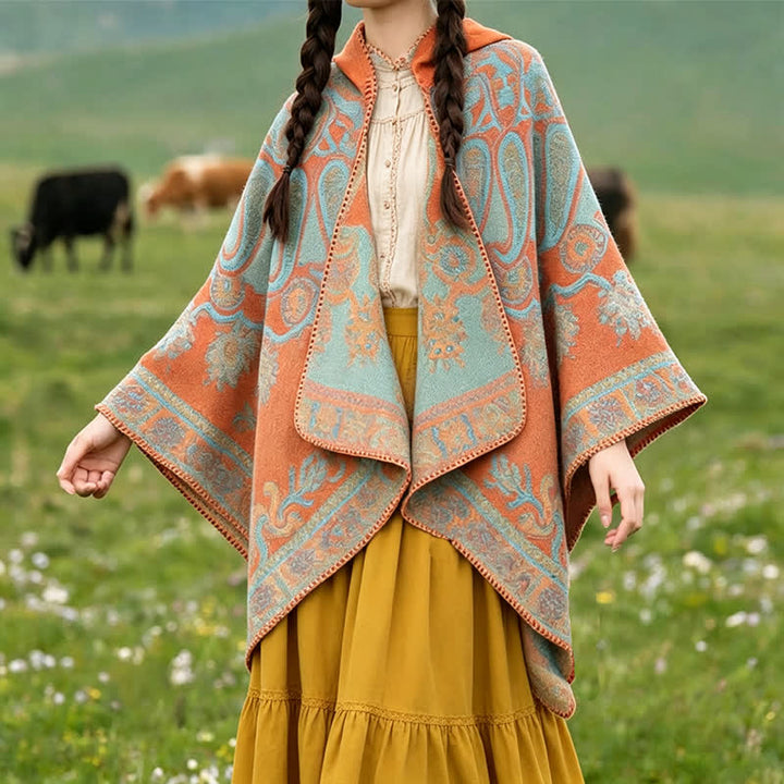 Buddha Stones Poncho estilo boho geométrico con capucha y estampado paisley para otoño/invierno. - Naranja - 130*150 cm - image 0