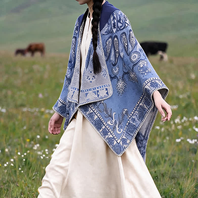 Buddha Stones Poncho estilo boho geométrico con capucha y estampado paisley para otoño/invierno. - image 8