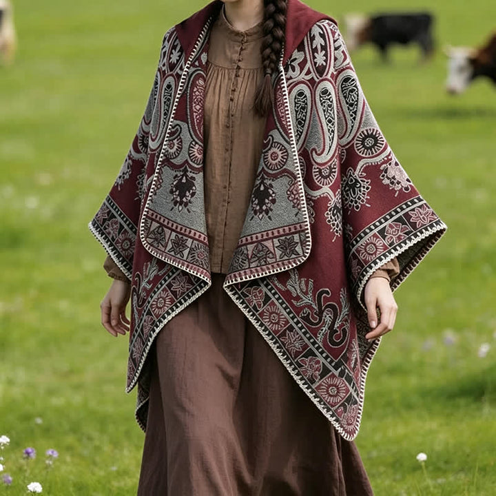 Buddha Stones Poncho estilo boho geométrico con capucha y estampado paisley para otoño/invierno. - image 18