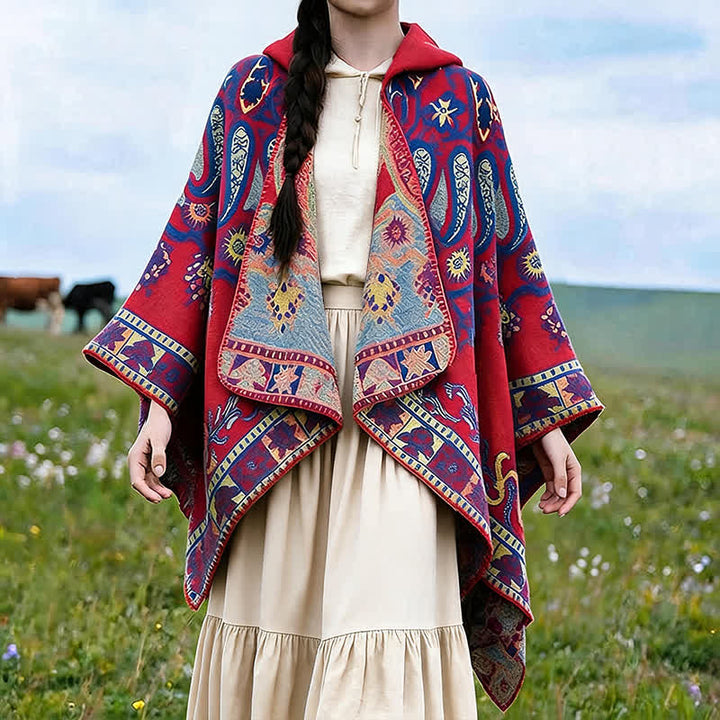 Buddha Stones Poncho estilo boho geométrico con capucha y estampado paisley para otoño/invierno. - Carmesí - 130*150 cm - image 12
