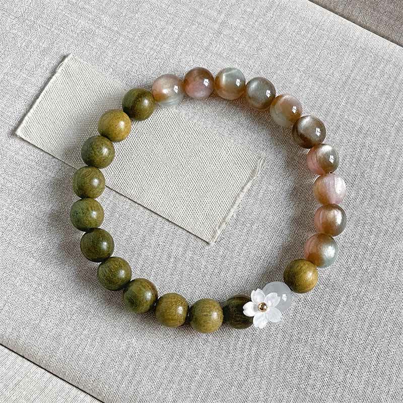 Buddha Stones Pulsera Serenity con dije de flor de ojo de gato y sándalo verde - Cuentas rosas de 8 mm - image 0