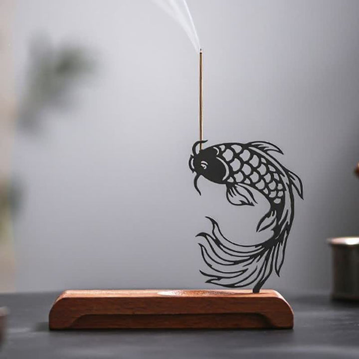 Buddha Stones Quemador de incienso Zen con base de madera y diseño de pez koi para el éxito - Cabeza arriba Pez Koi Base larga - image 11
