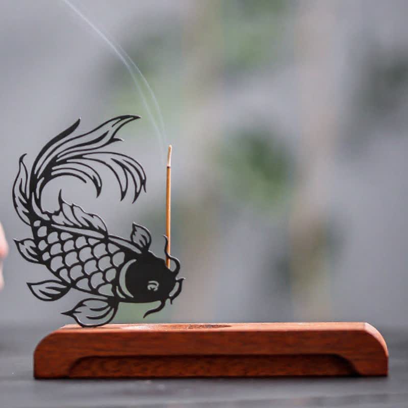 Buddha Stones Quemador de incienso Zen con base de madera y diseño de pez koi para el éxito - image 3