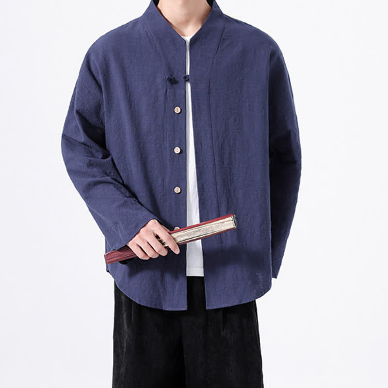 Buddha Stones Camisas de manga larga para hombre de algodón liso con cuello mandarín, estilo minimalista Tang, ideales para otoño. - image 1