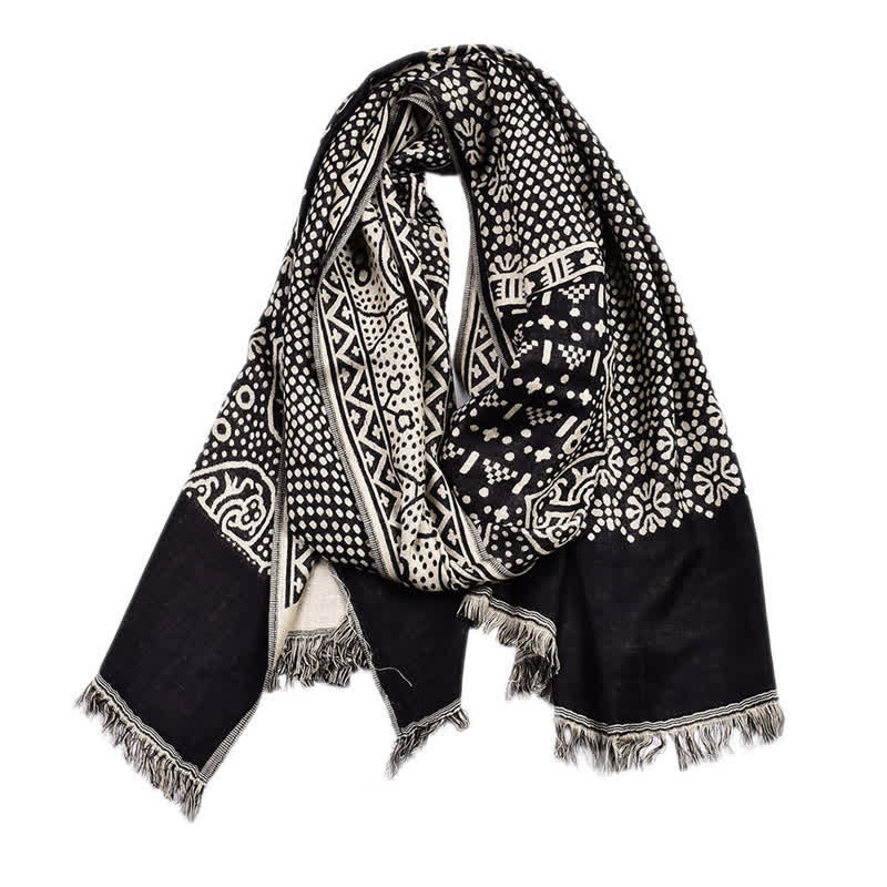 Buddha Stones Bufanda reversible acogedora con borlas y estampado geométrico de cachemir para otoño/invierno. - Negro - Aprox. 25,6 pulgadas × 77,0 pulgadas / 65 × 195 cm - image 8