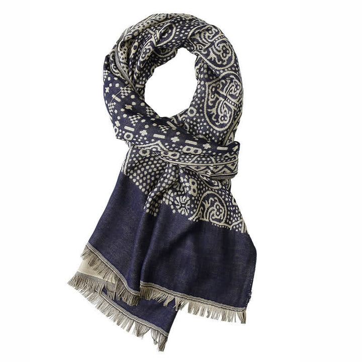 Buddha Stones Bufanda reversible acogedora con borlas y estampado geométrico de cachemir para otoño/invierno. - image 11