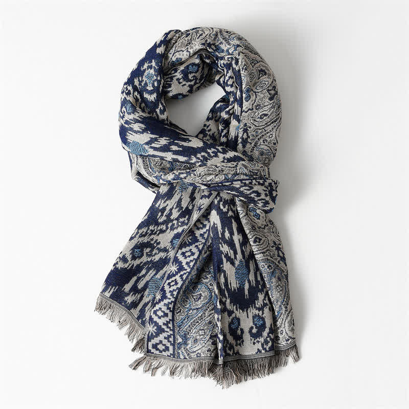 Buddha Stones Bufanda reversible con borlas, estampado geométrico paisley, para otoño/invierno. - SteelBlue Aprox. 25,6 pulgadas × 70,9 pulgadas / 65 × 180 cm - image 9