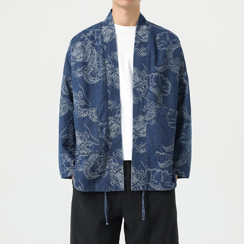 Buddha Stones Kimono de hombre estilo vintage de primavera con cordón ajustable y estampado de dragones y nubes, con bolsillos. - Azul acero - US/UK/AU46, UE 56 (3XL) - image 0