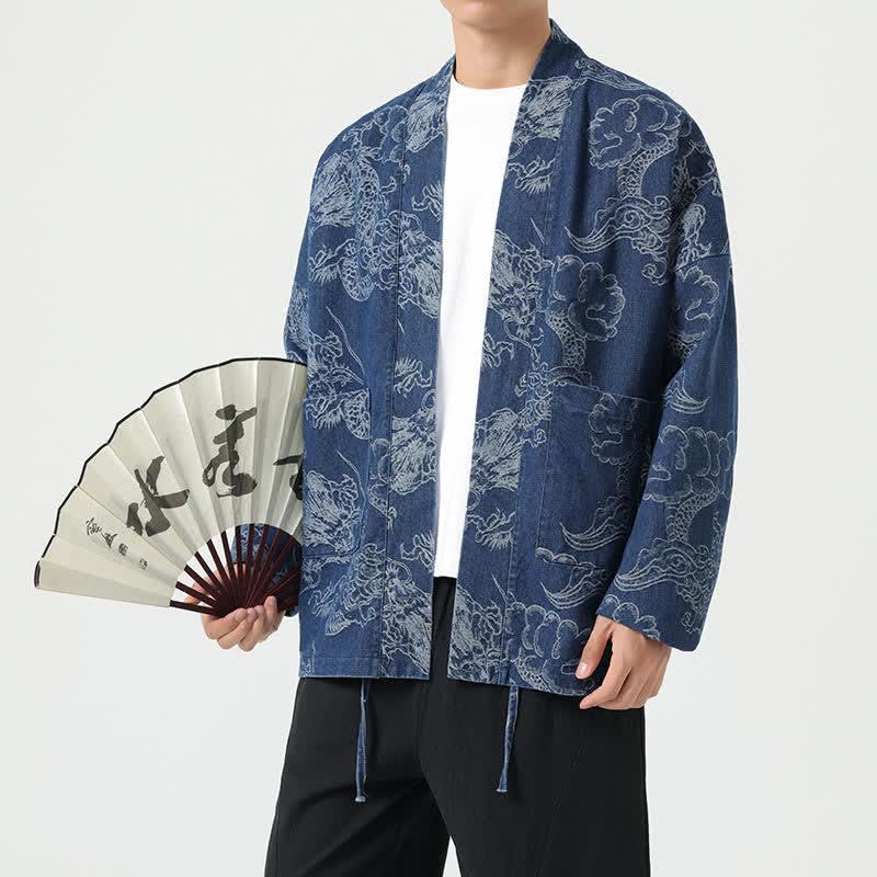 Buddha Stones Kimono de hombre estilo vintage de primavera con cordón ajustable y estampado de dragones y nubes, con bolsillos. - image 1