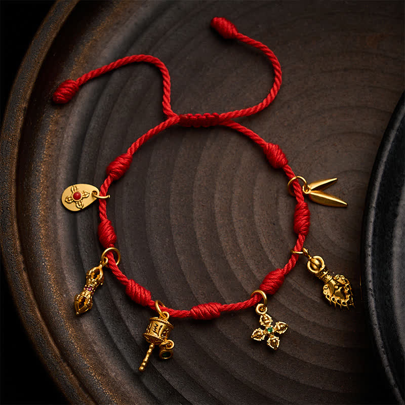Buddha Stones Pulsera de la suerte hecha a mano con hilo rojo de siete nudos, Om Mani Padme Hum, rueda de oración Vajra, hoja de bambú Zakiram - Rojo (Circunferencia de la muñeca: 5,9–7,5 pulgadas / 15–19 cm) - image 0
