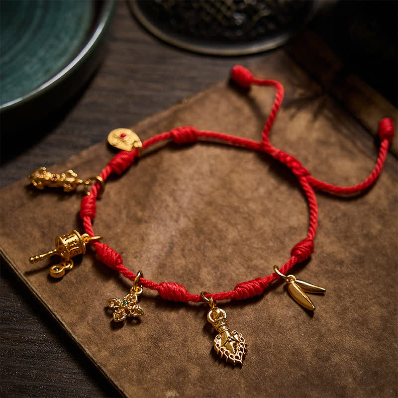 Buddha Stones Pulsera de la suerte hecha a mano con hilo rojo de siete nudos, Om Mani Padme Hum, rueda de oración Vajra, hoja de bambú Zakiram - image 1