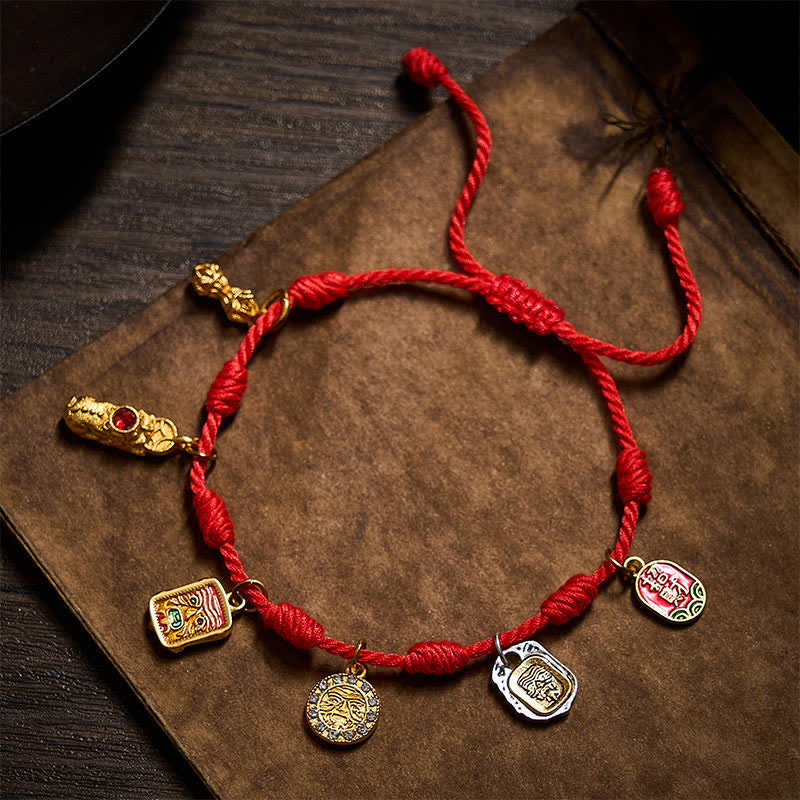 Buddha Stones Pulsera de la suerte Zakiram de siete nudos con hilo rojo, símbolo Fu Pixiu Vajra, hecha a mano, para la fortuna y las bendiciones. - image 1