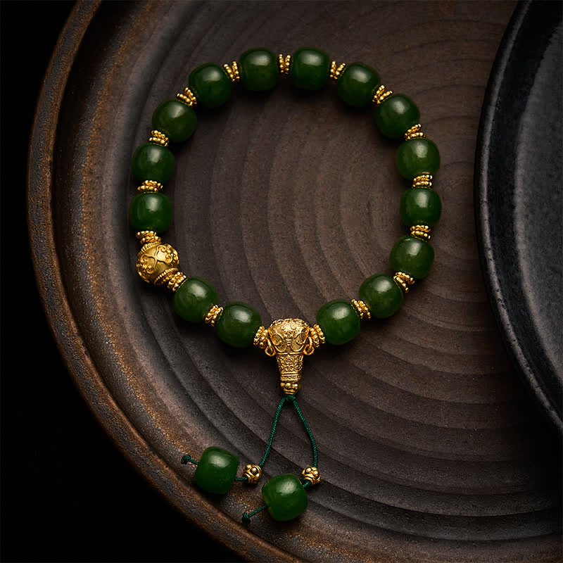 Buddha Stones Pulsera Cyan Jade Harmony con detalles dorados - Jade cian de 9*10 mm - image 0