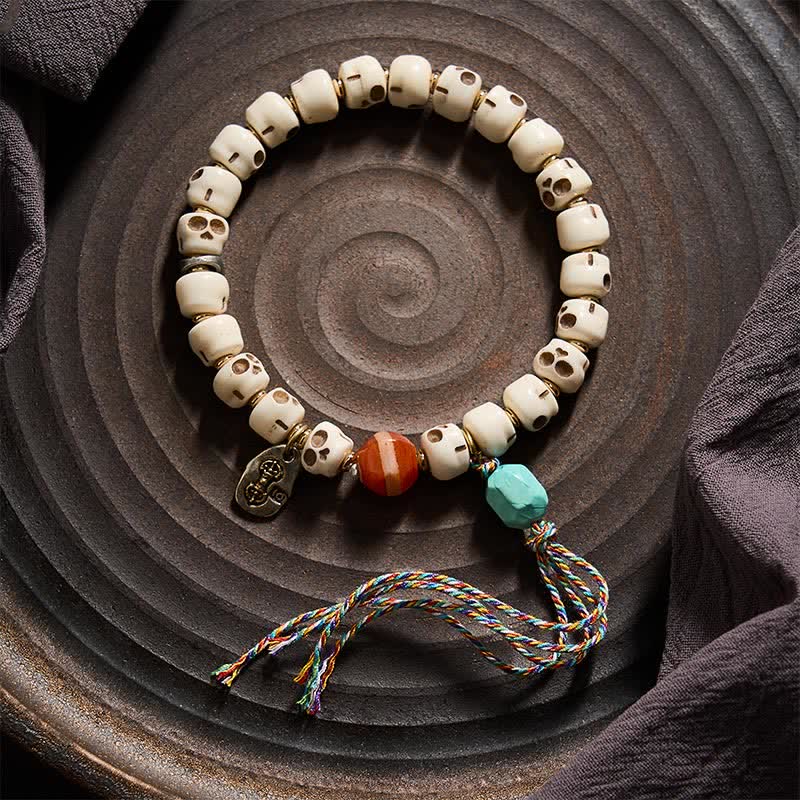 Buddha Stones Pulsera de conexión a tierra con cuentas de hueso tibetanas y diseño de calavera del Señor del Bosque de los Cadáveres - image 1