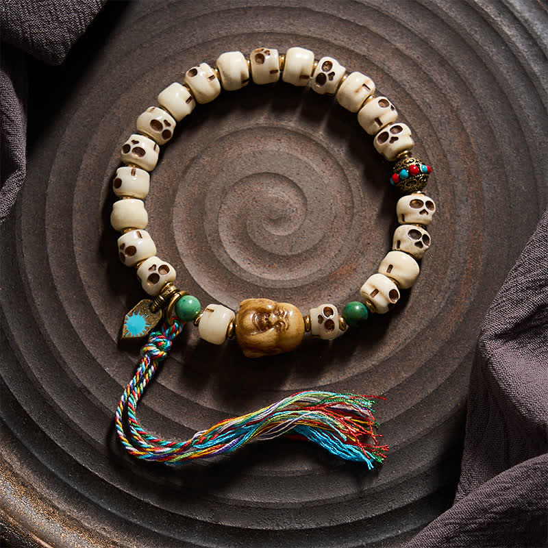 Buddha Stones Pulsera de cuentas de hueso tibetanas con diseño de calavera del Señor del Bosque de los Cadáveres, símbolo de fuerza y ​​cambio. - image 1