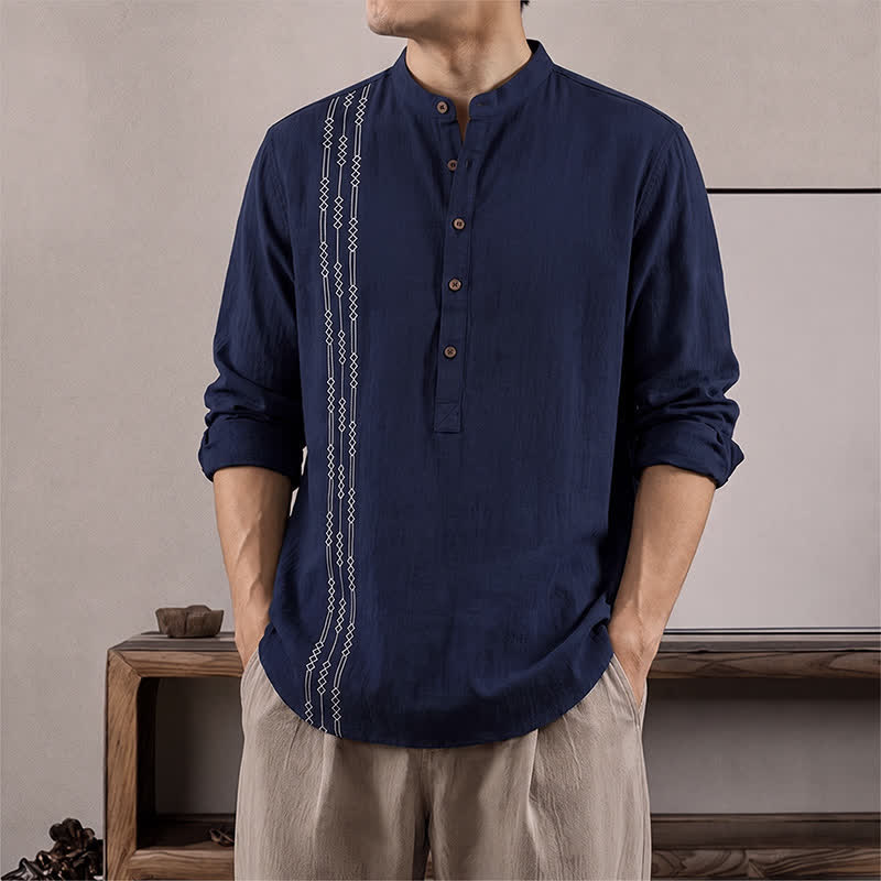 Buddha Stones Camisas de manga larga de algodón con estampado geométrico estilo Tang para hombre, ideales para primavera y verano. - Azul medianoche - US/UK/AU40, EU50 (2XL) - image 0