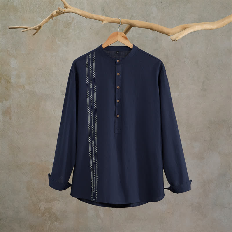 Buddha Stones Camisas de manga larga de algodón con estampado geométrico estilo Tang para hombre, ideales para primavera y verano. - image 1